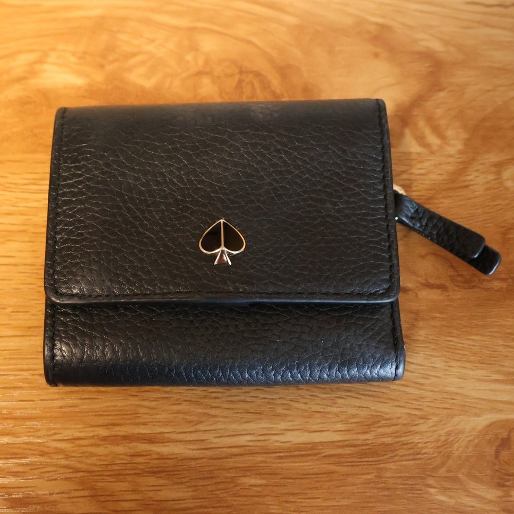 Kate Spade Polly Trifold Wallet Pebbled Leather Black Small ID Window Zip Pocket